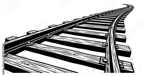 Curved Railway Tracks Perspective Woodcut Illustration