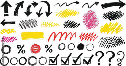 Collection of Hand Drawn Scribble Lines Swirls Dots and Symbols on White Background doodle sketch