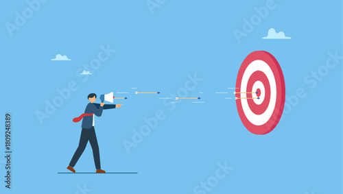 Businessman marketer talk on megaphone with archer hit target bullseye. Communicate or advertising to target audience, marketing campaign or promotion to hit business goal or target customer.