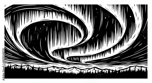 Aurora Borealis Night Landscape over Forest in Retro Woodcut and Linocut Engraving Style