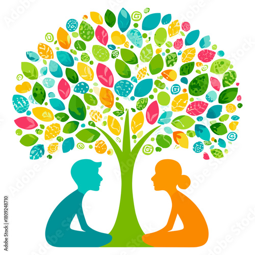 Two people under a colorful tree symbolizing peace and dialogue