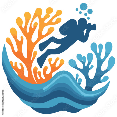 Scuba diver photographing coral reef, logo illustration