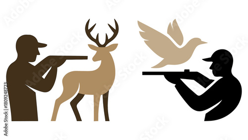 Hunter aiming at deer and bird logo design