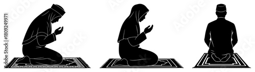 Muslim People Praying Silhouettes on Rugs for Islamic Religious Concepts