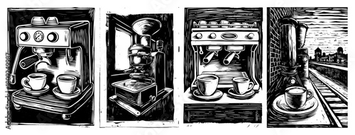 Vintage Woodcut Style Illustrations of Espresso Coffee Machines and Barista Equipment