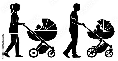 Parents Walking with Baby Strollers Silhouette Set of Mother and Father