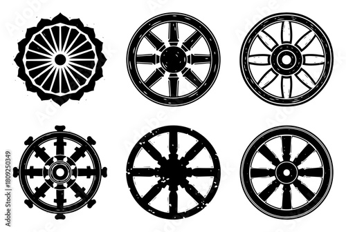 Vintage Cart and Dharma Wheel Icons Vector Set