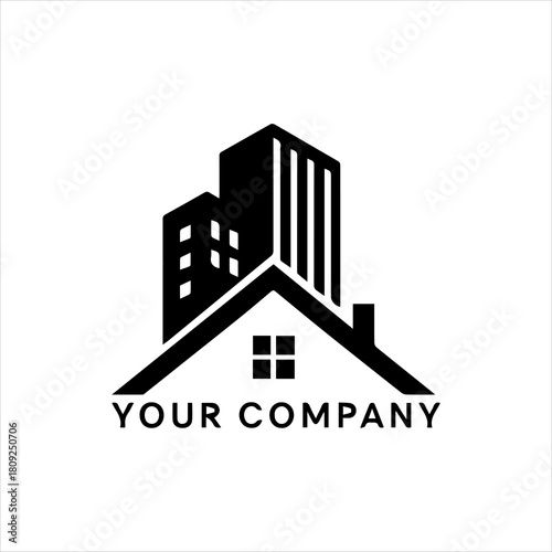 Real Estate Company Logo Featuring Buildings Over a House Roof