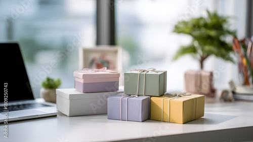 Boxes on the table in front of the laptop. Stack of pink gift boxes with a laptop on a white table at home. Gift boxes are on the table in front of a laptop. Online shopping concept