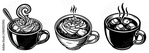 Hot Chocolate Mugs with Whipped Cream and Marshmallows Sketch