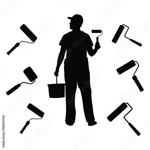 Home Renovation Wall Painter. Black Silhouette Vector Design