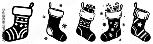Cute Christmas Stocking Icon Set with Gifts and Candy Canes