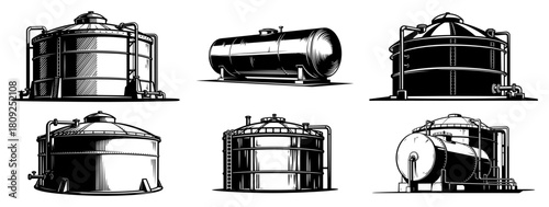 Set of Industrial Oil and Gas Storage Tanks in Engraving Style