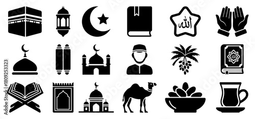 Islamic and Ramadan Icons with Kaaba Mosque Quran and Dates