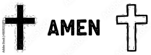 Grunge Textured Christian Cross Symbol with Amen Typography for Religious Design