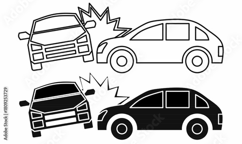 icon set of Car crash.vector,outline and silhouette.for insurance, traffic safety, accident reports, and warning graphics