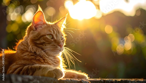 Golden cat basks in sunset glow, perched against blurred green backdrop; fur illuminated by the sun's warmth