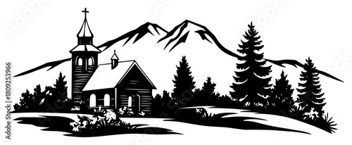 Rural Church Landscape with Mountains and Pine Trees Silhouette