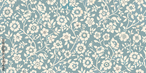 Floral pattern with white flowers and leaves on a blue background