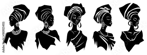 Set of African Woman Silhouettes with Traditional Headwraps