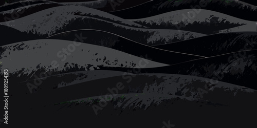 Abstract dark hills landscape with textured surface and wavy lines