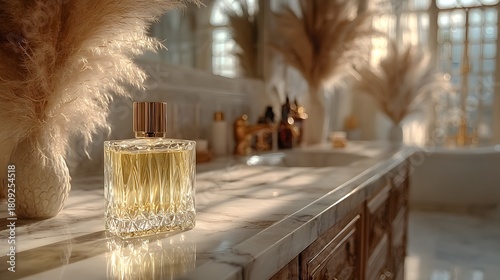 Luxurious bathroom scene shows a bottle of perfume on a marble countertop, with a high-end bathroom and pampas grass in the soft-focus background.
