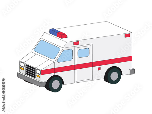 Stylized white ambulance isometric medical emergency vehicle illustration