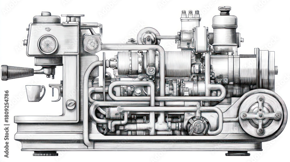 Fototapeta premium Intricate grayscale illustration of a complex mechanical espresso machine with many pipes
