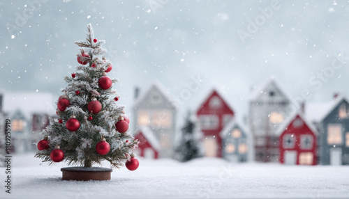 Fototapeta Naklejka Na Ścianę i Meble -  Snowy christmas tree red ornament winter village