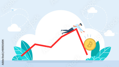 Man holding bitcoin that want to collapse, crypto crash, cryptocurrency falling down. Stop loss or cut loss from Bitcoin and cryptocurrency collapse, trader technical analysis. Vector illustration