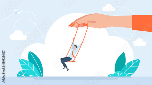 A woman swings a man on a swing hanging from her hand. The concept of influence, emotional swings, abuse. Happy man swinging on a wooden swing. Vector illustration.