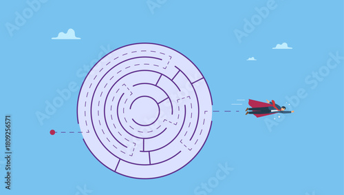 Businessman fly solving maze puzzle. Expertise skill to solve business problem, leadership or creativity to overcome difficulty or obstacle and success, challenge or decision to win.