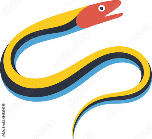 Colorful eel vector illustration with a red head and striped body swimming gracefully on a transparent background