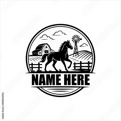 Black and white vector logo of a horse on a farm with a barn and windmill. Rustic circular emblem for agriculture or equestrian branding. FARM 05