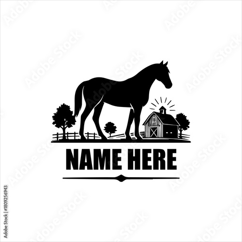 Elegant Horse Silhouette on Farm with Barn Logo for Brand Identity