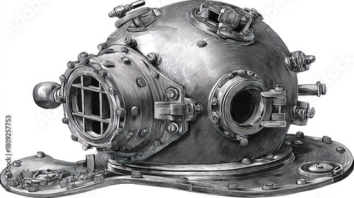 Intricate illustration showcasing an antique diving helmet with bolted plates, valves, and a faceplate