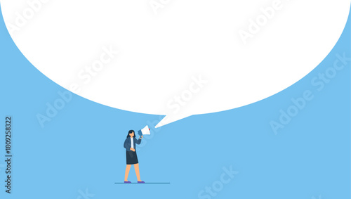 Businesswoman speak out on megaphone with big speech bubble. Woman speak out or speak up to communicate, telling the truth or big announcement, voice to be heard, female leadership or message.