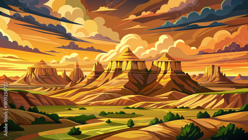 Very beautiful sunset scene over rolling North Dakota Badlands, featuring layered buttes, warm golden light, dramatic clouds, and rugged terrain in a clean, stock-friendly artistic style.