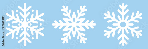 Cute white symmetric snowflakes on light blue background. Editable stroke. Cartoon decorative elements. Winter symbols for Christmas and New Year decoration. Minimal clean frosty collection. Vector