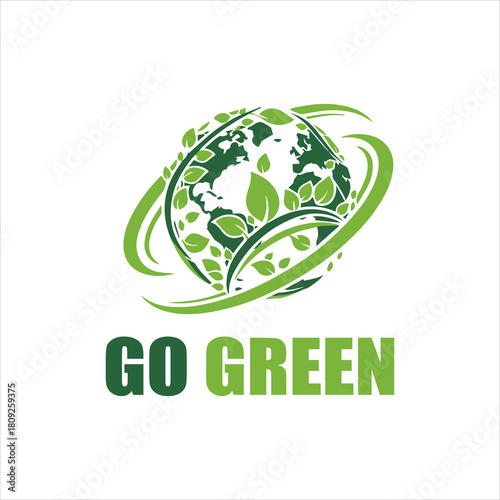 Go Green Environmental Sustainability Logo Symbolizing Earth With Green Leaves And Swirling Motion Vector Illustration