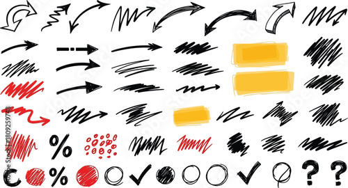 Assortment of black and red animal silhouettes and punctuation marks on white illustration