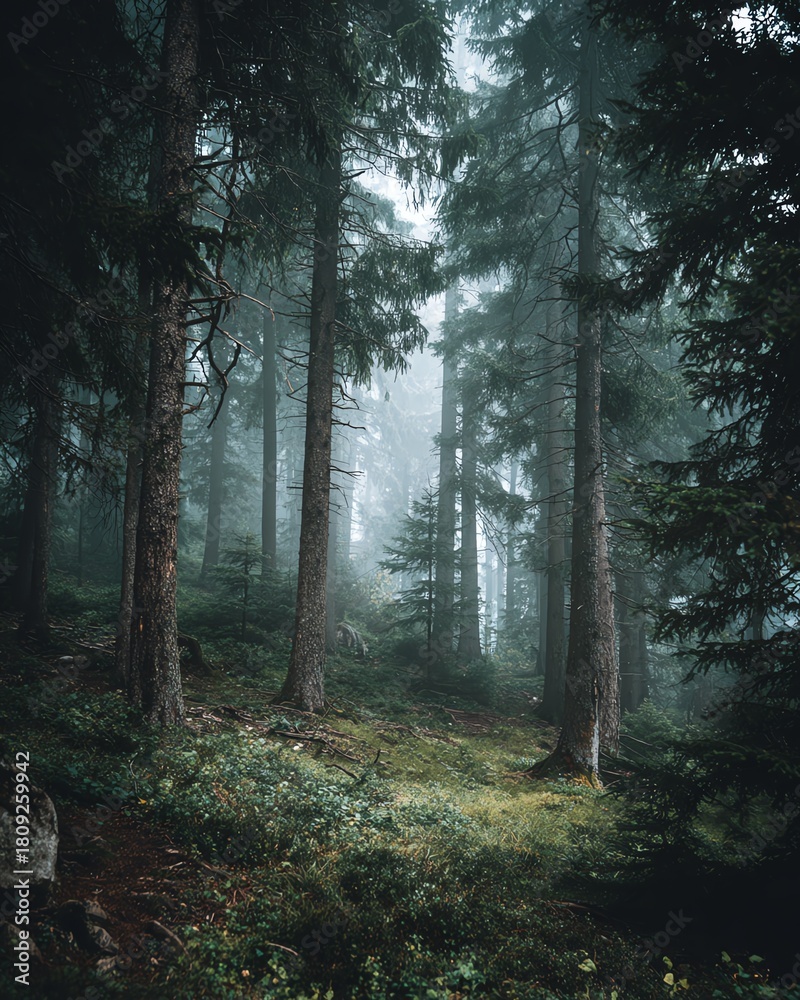 Fototapeta premium A foggy forest scene with a vintage grain effect, creating a mysterious and serene atmosphere perfect for nature aesthetics.