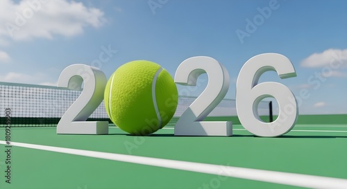 Tennis tournament 2026 concept on court with ball
