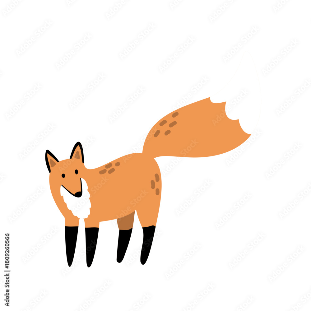 Obraz premium Illustration of red fox walking in forest scene. Wild creature and woodland animal moving in nature. Predator beast and red mammal. Flat vector art.