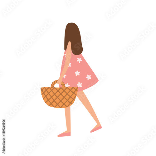 Illustration of woman in pink dress carrying basket. Character and adult person walking in rural area. Female figure and lady in dress holding container. Flat vector art.