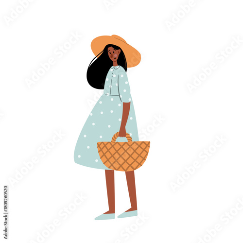 Illustration of African American woman in blue dress and hat carrying basket. Character and adult person walking in rural area. Black female figure and lady in hat. Flat vector art.
