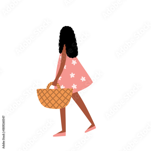 Illustration of woman with long black hair in pink dress carrying basket. Character and adult person walking in rural area. Female figure and lady with hair. Flat vector art.