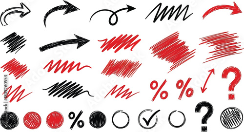Group of black and red scribbled lines dots and punctuation symbols on white illustration