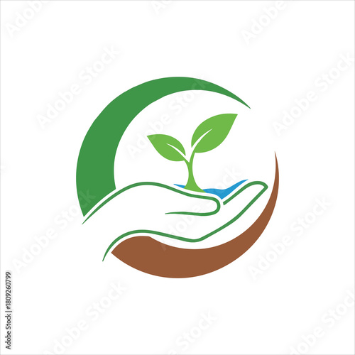 Illustration of a hand cradling a small plant sprout, symbolizing growth, care, and new beginnings in a circular design