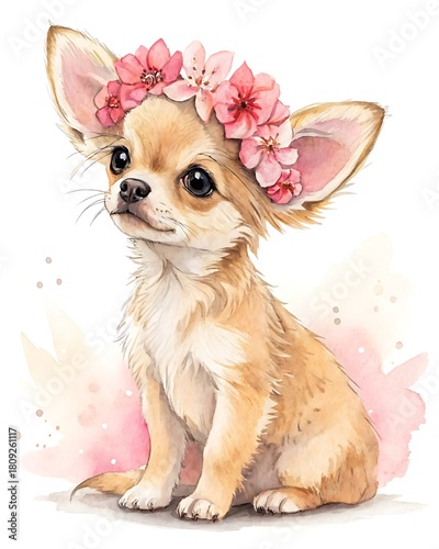 Adorable chihuahua puppy wearing a pink flower crown and tutu